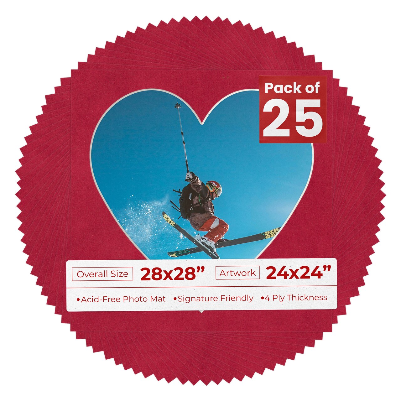 Red Suede Mat Board for 28x28 Frames - Heart Opening for 24x24 Photos